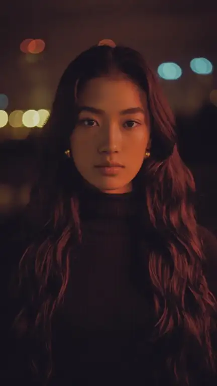 Noor on a city rooftop at night, turning to the camera